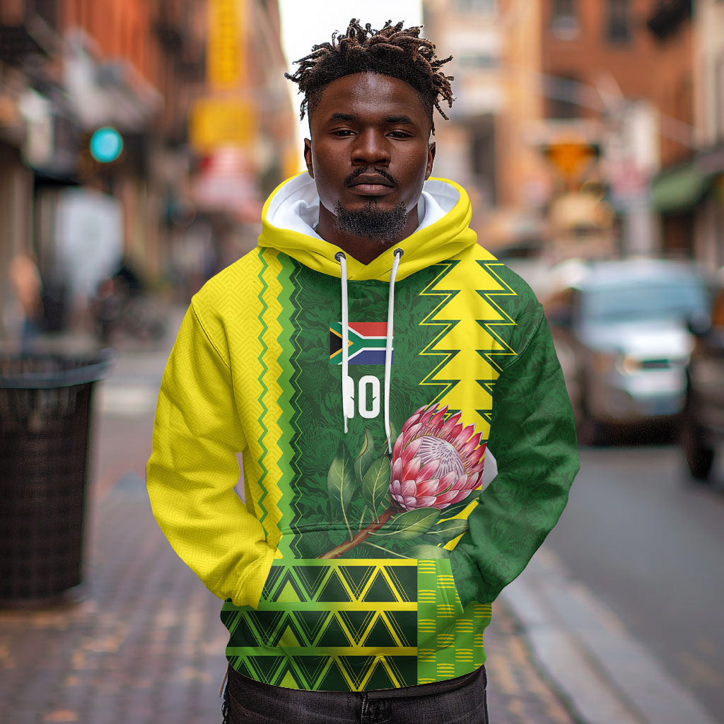 Custom South Africa National Football Hoodie King Protea with African Tribal Geometric Pattern Culture Art