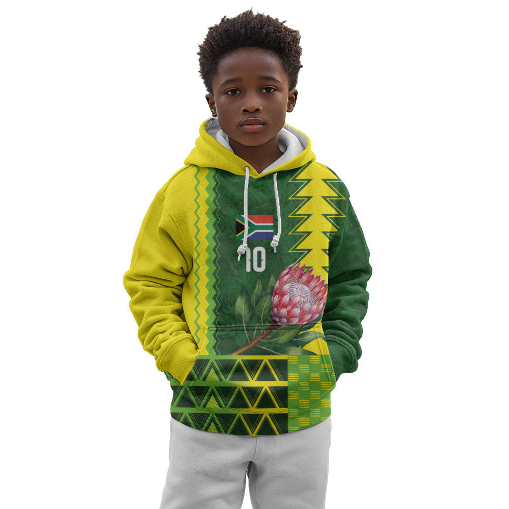 Custom South Africa National Football Kid Hoodie King Protea with African Tribal Geometric Pattern Culture Art