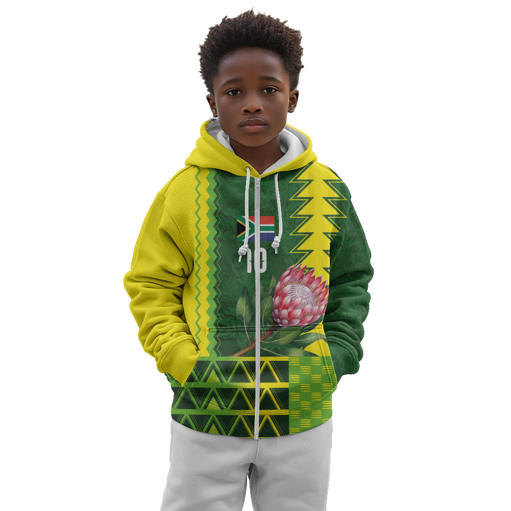 Custom South Africa National Football Kid Hoodie King Protea with African Tribal Geometric Pattern Culture Art