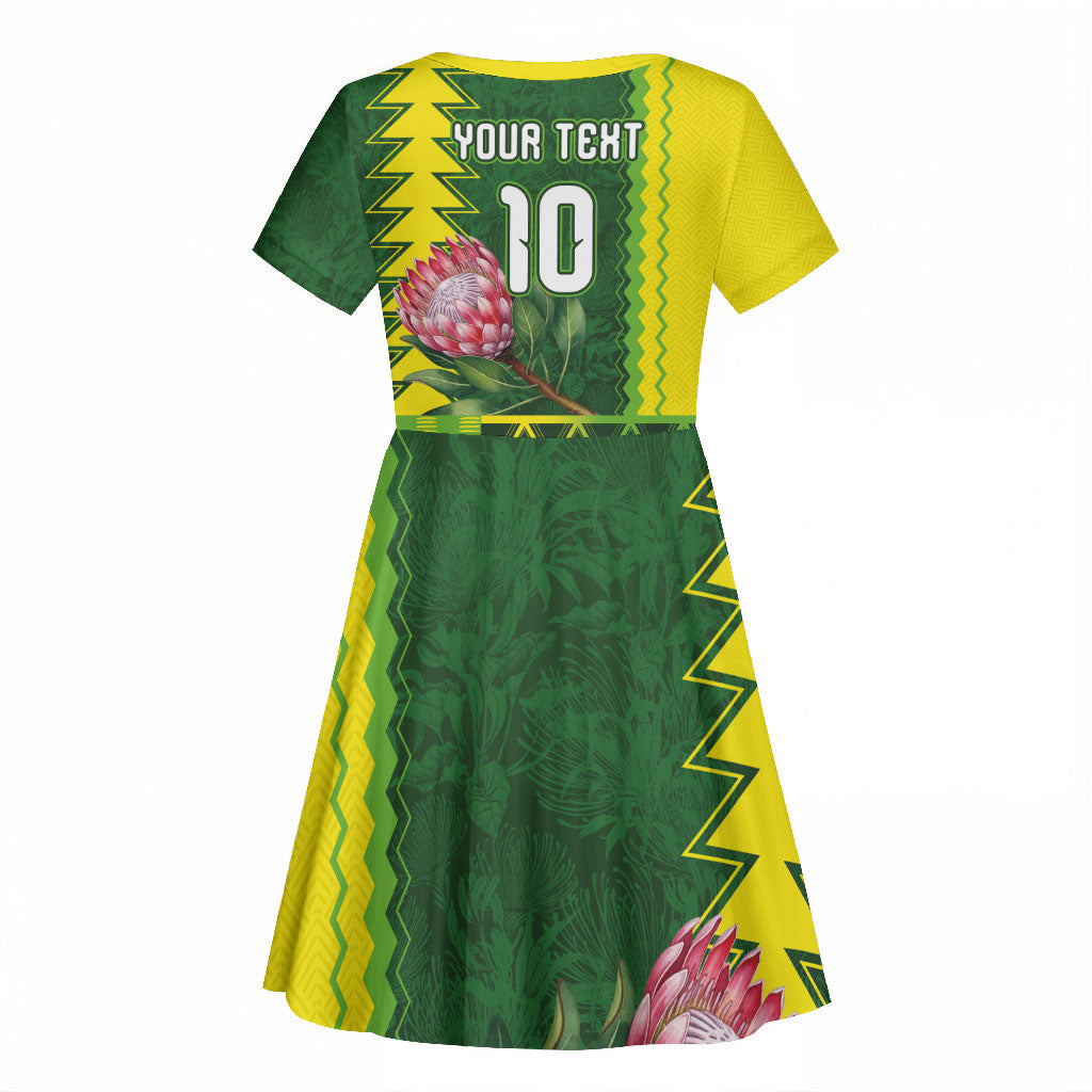 Custom South Africa National Football Kid Short Sleeve Dress King Protea with African Tribal Geometric Pattern Culture Art