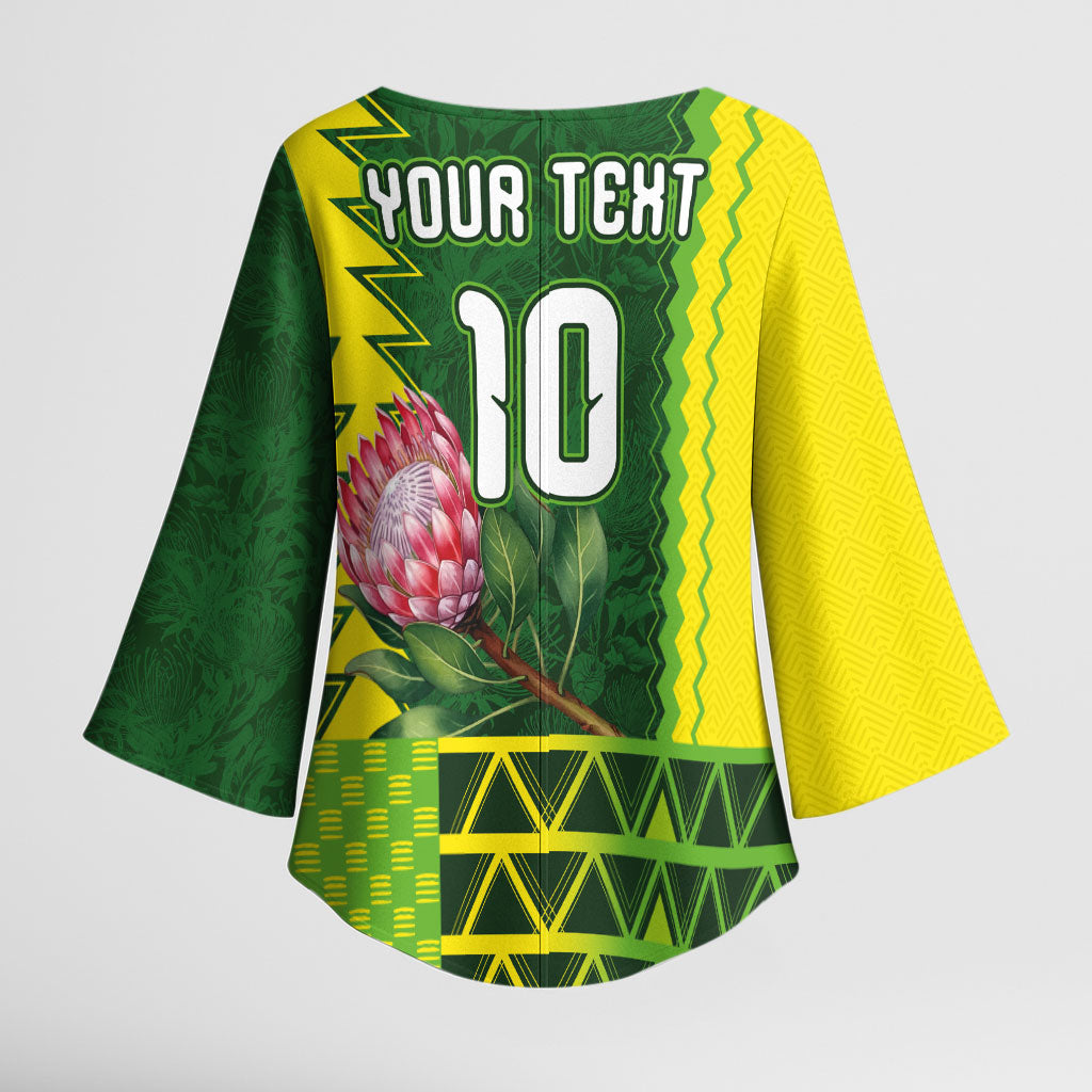 Custom South Africa National Football Kimono Sleeve Blouse King Protea with African Tribal Geometric Pattern Culture Art