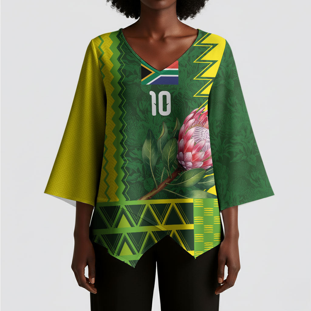Custom South Africa National Football Kimono Sleeve Blouse King Protea with African Tribal Geometric Pattern Culture Art