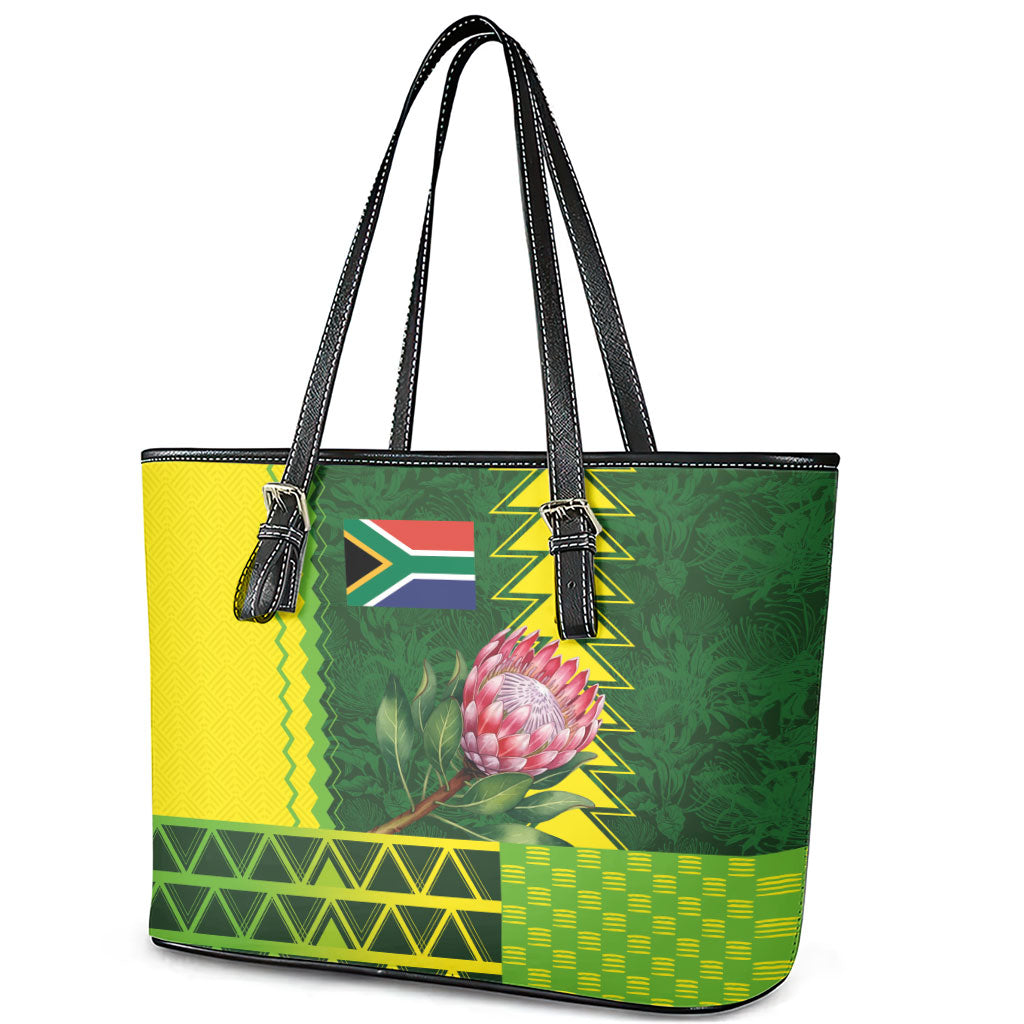 South Africa National Football Leather Tote Bag King Protea with African Tribal Geometric Pattern Culture Art