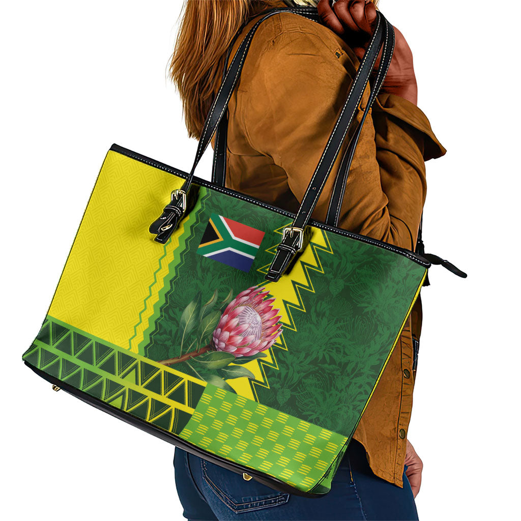 South Africa National Football Leather Tote Bag King Protea with African Tribal Geometric Pattern Culture Art
