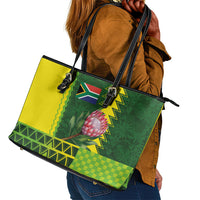 South Africa National Football Leather Tote Bag King Protea with African Tribal Geometric Pattern Culture Art