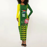 Custom South Africa National Football Long Sleeve Bodycon Dress King Protea with African Tribal Geometric Pattern Culture Art
