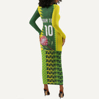 Custom South Africa National Football Long Sleeve Bodycon Dress King Protea with African Tribal Geometric Pattern Culture Art