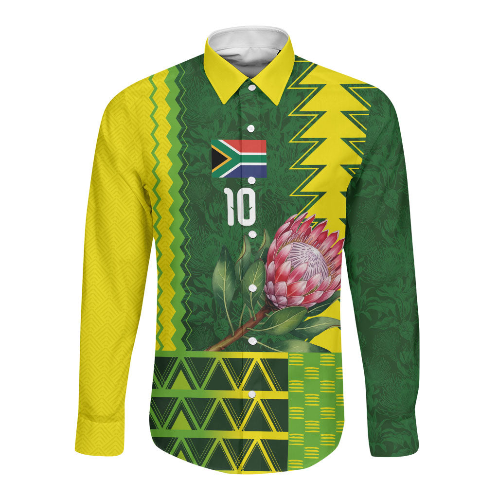 Custom South Africa National Football Long Sleeve Button Shirt King Protea with African Tribal Geometric Pattern Culture Art