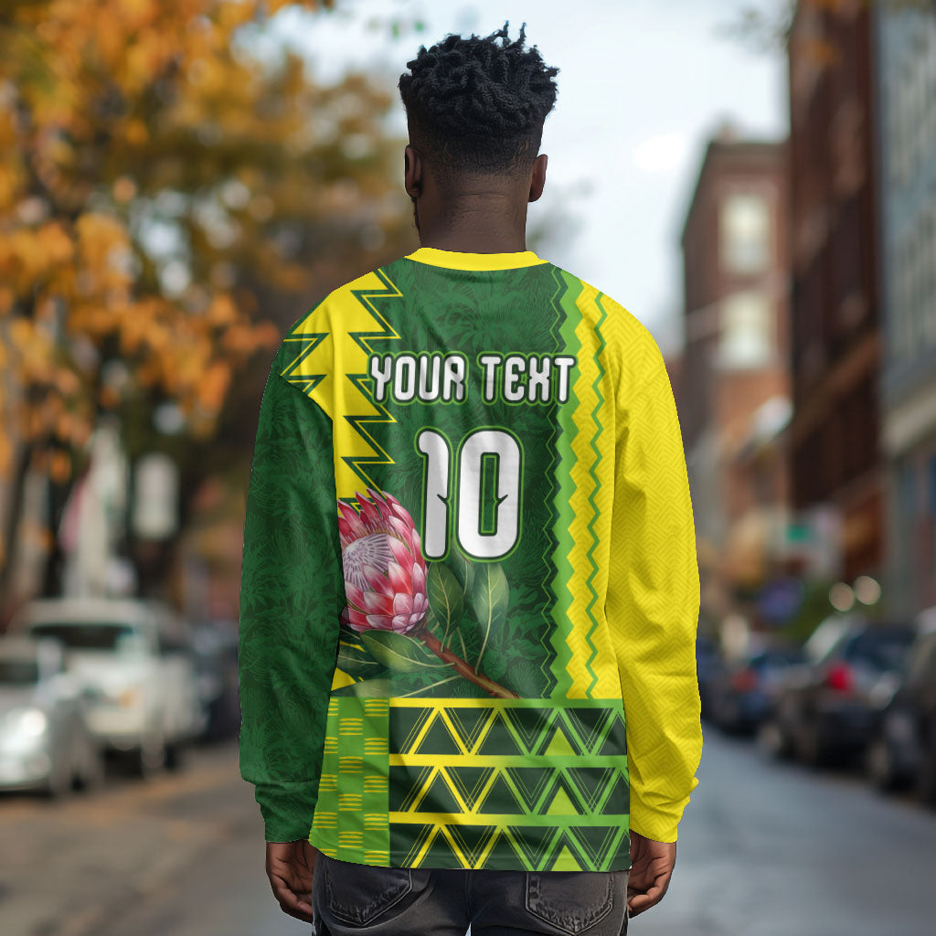 Custom South Africa National Football Long Sleeve Shirt King Protea with African Tribal Geometric Pattern Culture Art