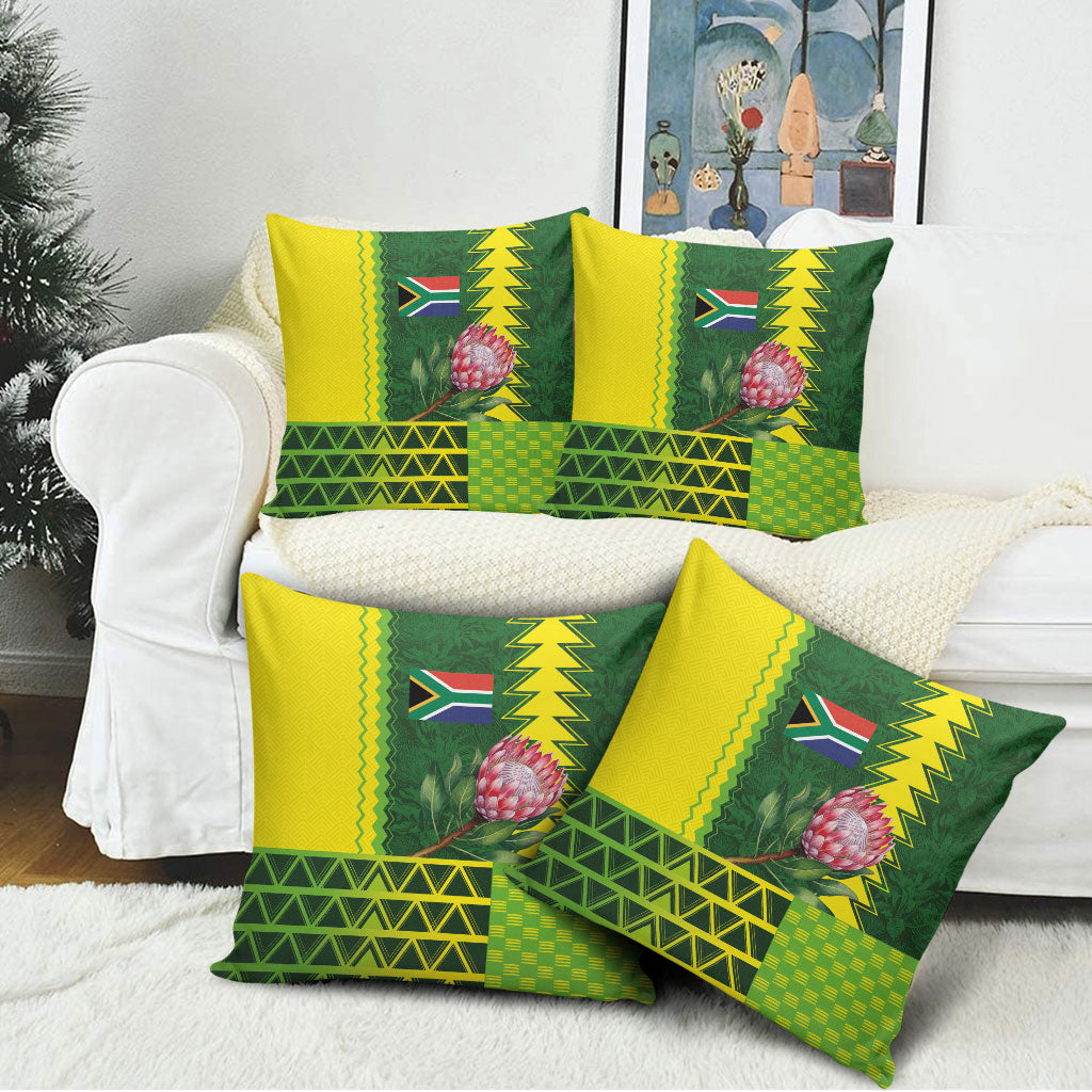 South Africa National Football Pillow Cover King Protea with African Tribal Geometric Pattern Culture Art