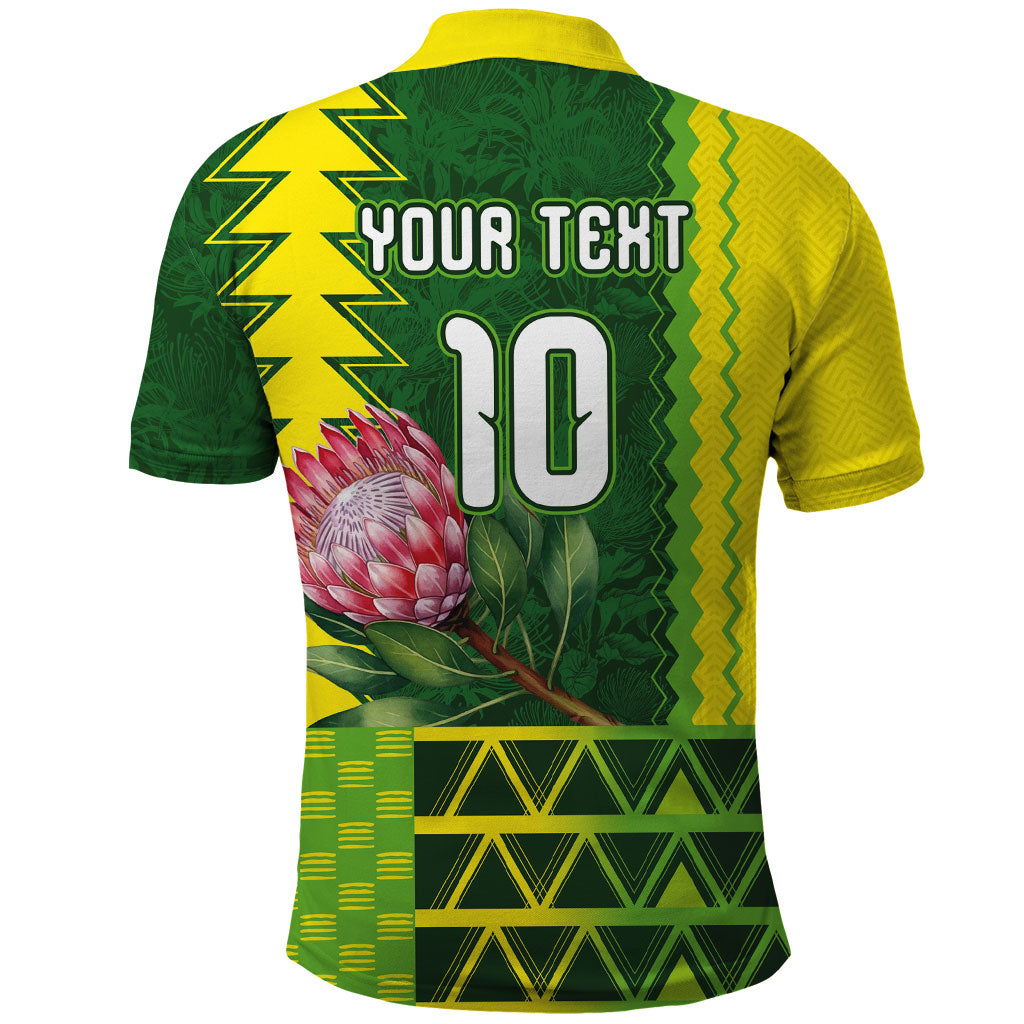 Custom South Africa National Football Polo Shirt King Protea with African Tribal Geometric Pattern Culture Art