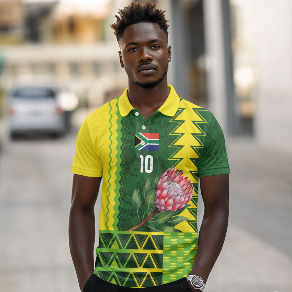 Custom South Africa National Football Polo Shirt King Protea with African Tribal Geometric Pattern Culture Art