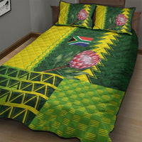 South Africa National Football Quilt Bed Set King Protea with African Tribal Geometric Pattern Culture Art