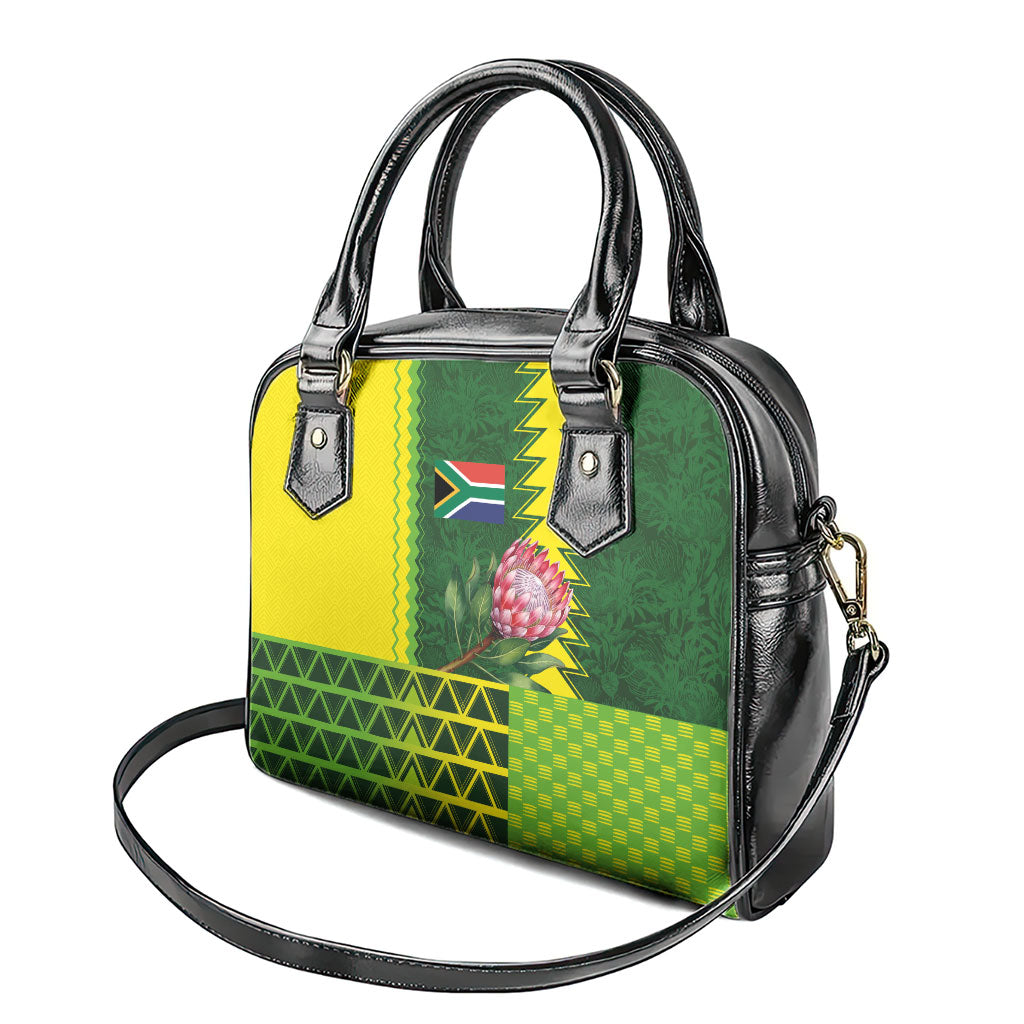 South Africa National Football Shoulder Handbag King Protea with African Tribal Geometric Pattern Culture Art