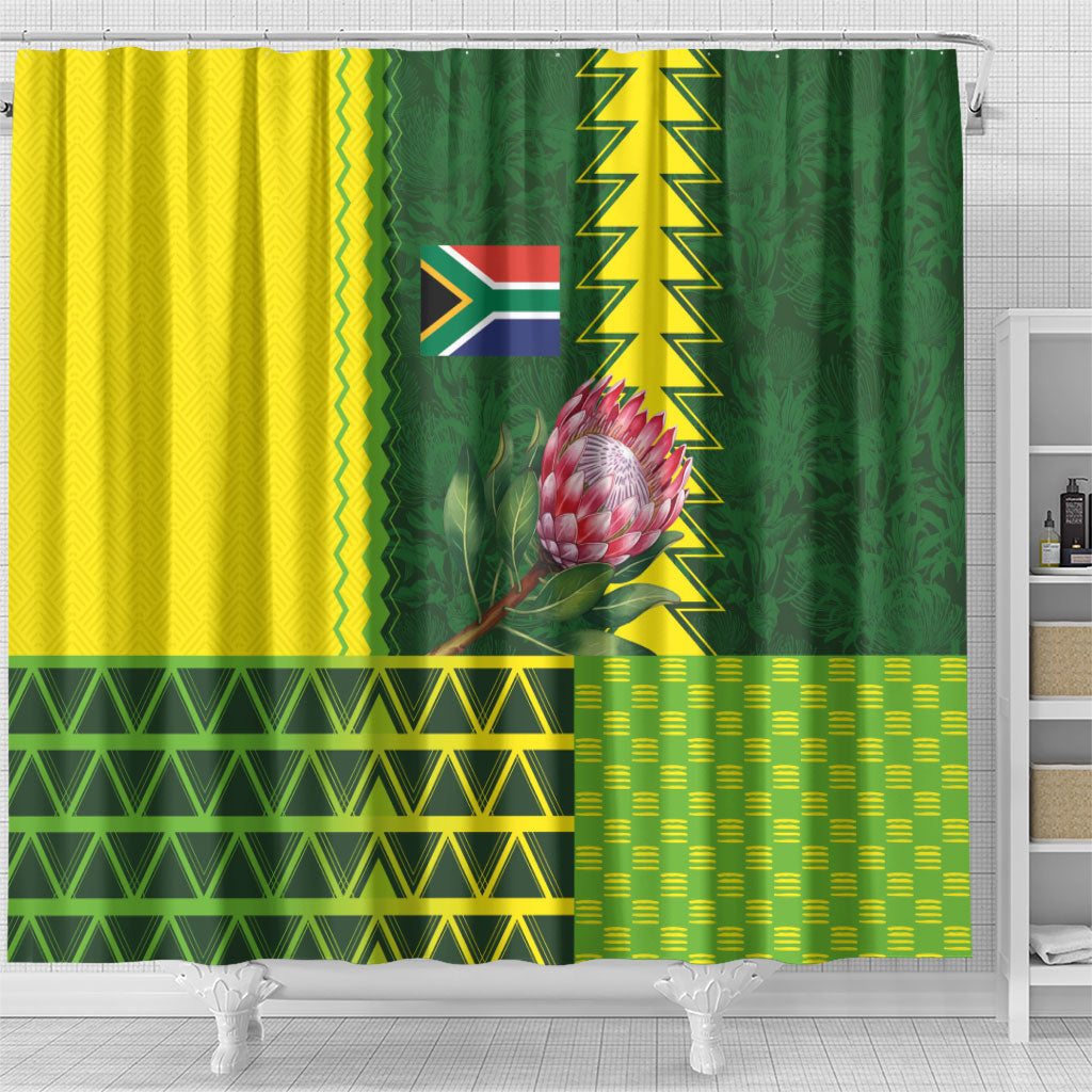 South Africa National Football Shower Curtain King Protea with African Tribal Geometric Pattern Culture Art