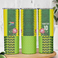 Custom South Africa National Football Skinny Tumbler King Protea with African Tribal Geometric Pattern Culture Art