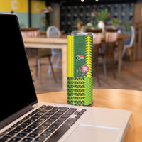 Custom South Africa National Football Skinny Tumbler King Protea with African Tribal Geometric Pattern Culture Art