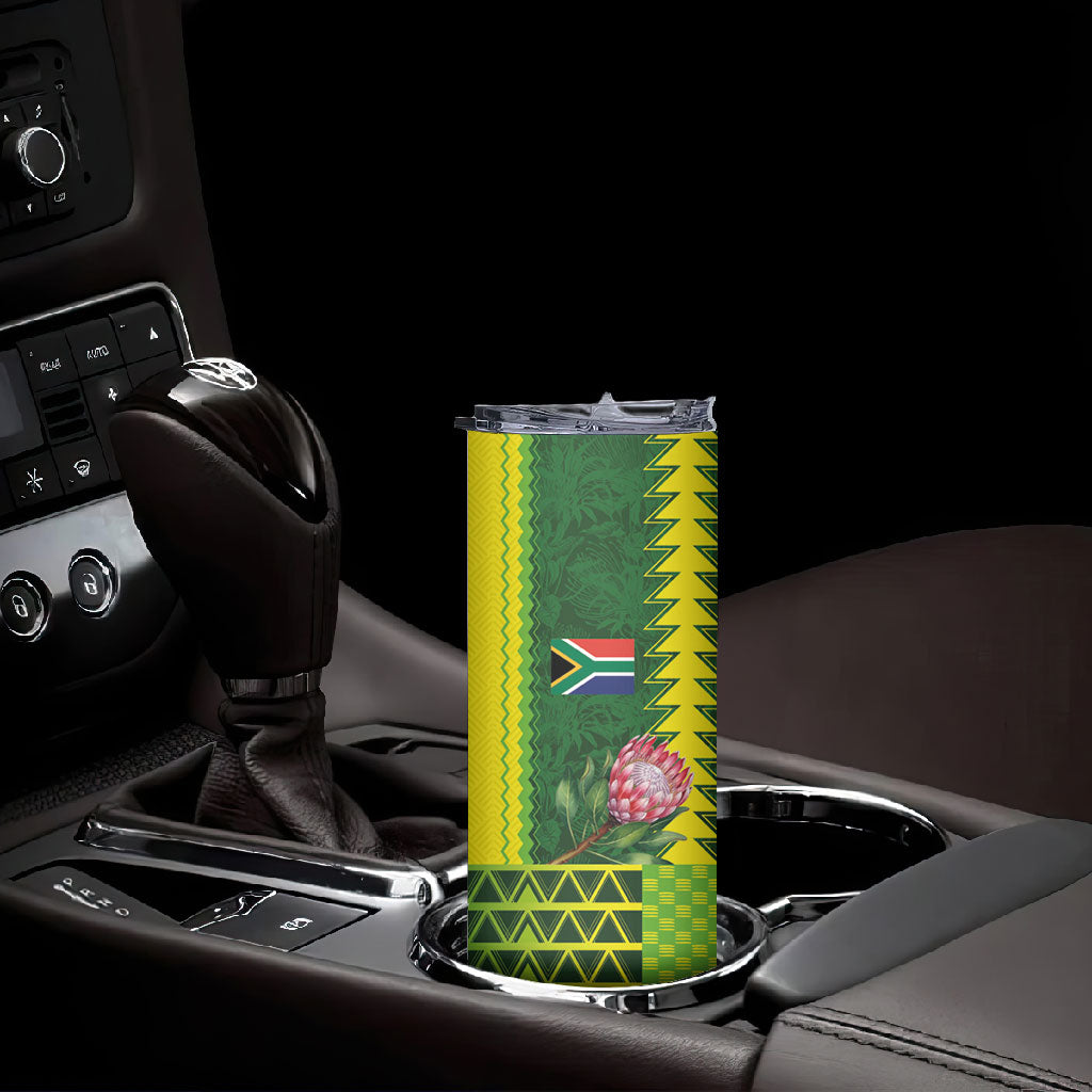 Custom South Africa National Football Skinny Tumbler King Protea with African Tribal Geometric Pattern Culture Art