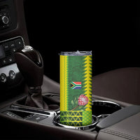 Custom South Africa National Football Skinny Tumbler King Protea with African Tribal Geometric Pattern Culture Art
