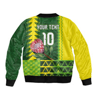 Custom South Africa National Football Sleeve Zip Bomber Jacket King Protea with African Tribal Geometric Pattern Culture Art