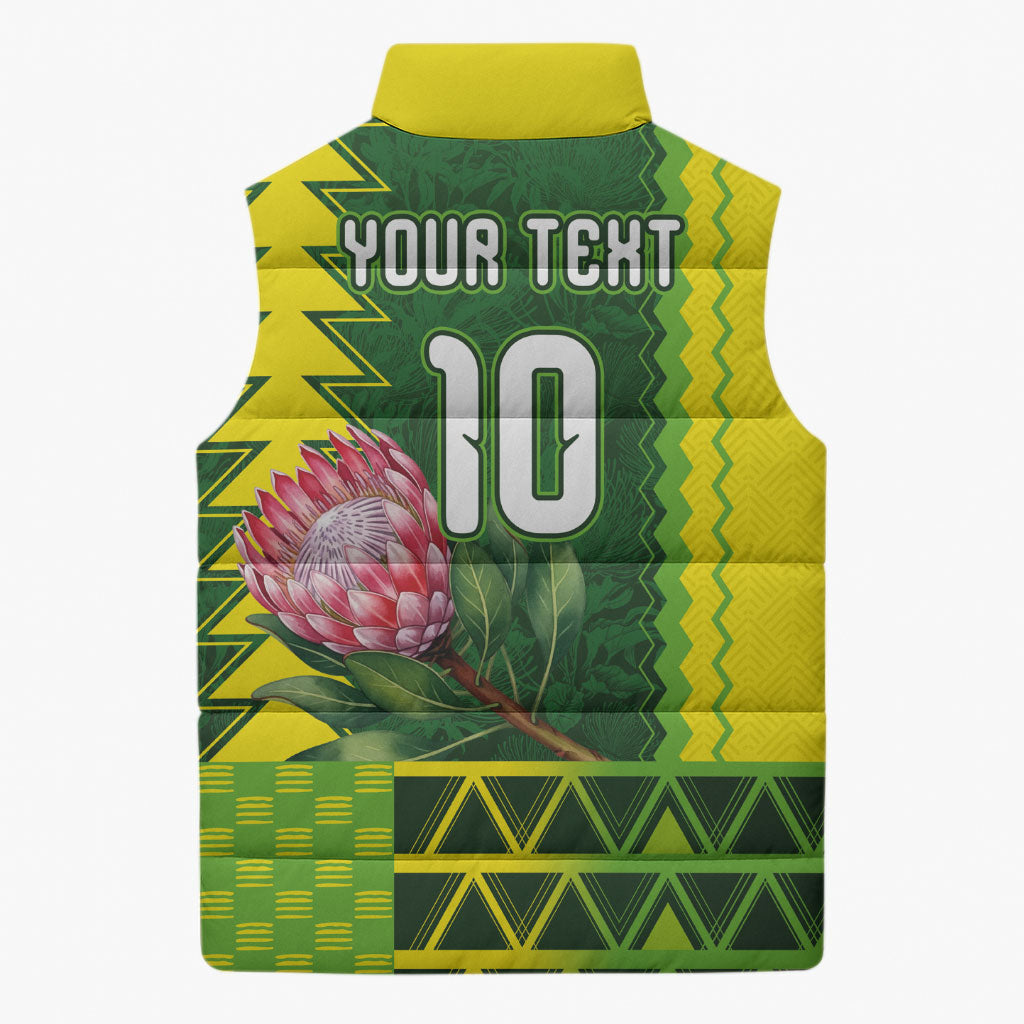 Custom South Africa National Football Sleeveless Puffer Jacket King Protea with African Tribal Geometric Pattern Culture Art