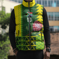 Custom South Africa National Football Sleeveless Puffer Jacket King Protea with African Tribal Geometric Pattern Culture Art