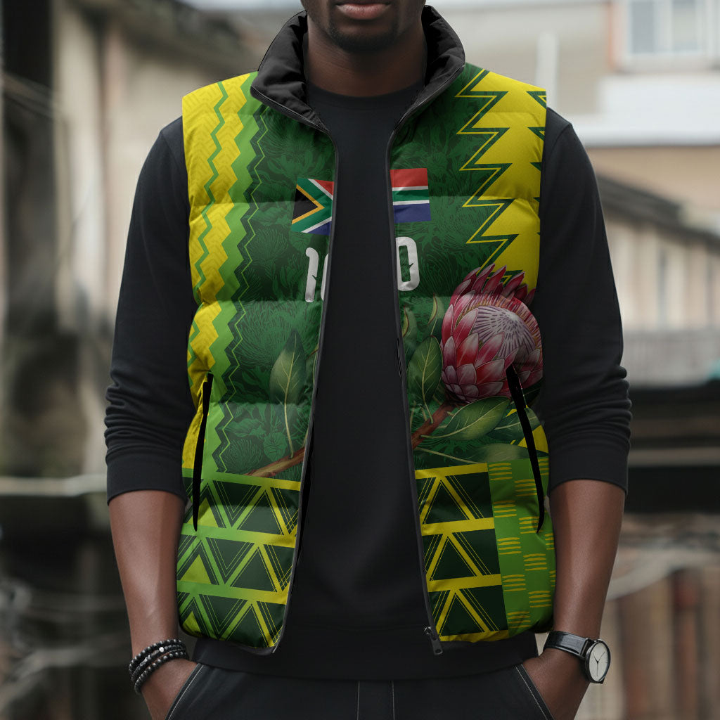 Custom South Africa National Football Sleeveless Puffer Jacket King Protea with African Tribal Geometric Pattern Culture Art