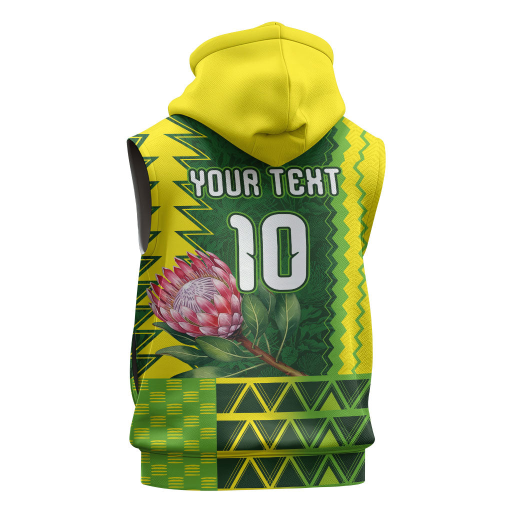 Custom South Africa National Football Sleeveless Zip Hoodie King Protea with African Tribal Geometric Pattern Culture Art