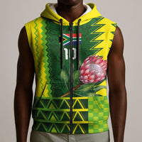 Custom South Africa National Football Sleeveless Zip Hoodie King Protea with African Tribal Geometric Pattern Culture Art