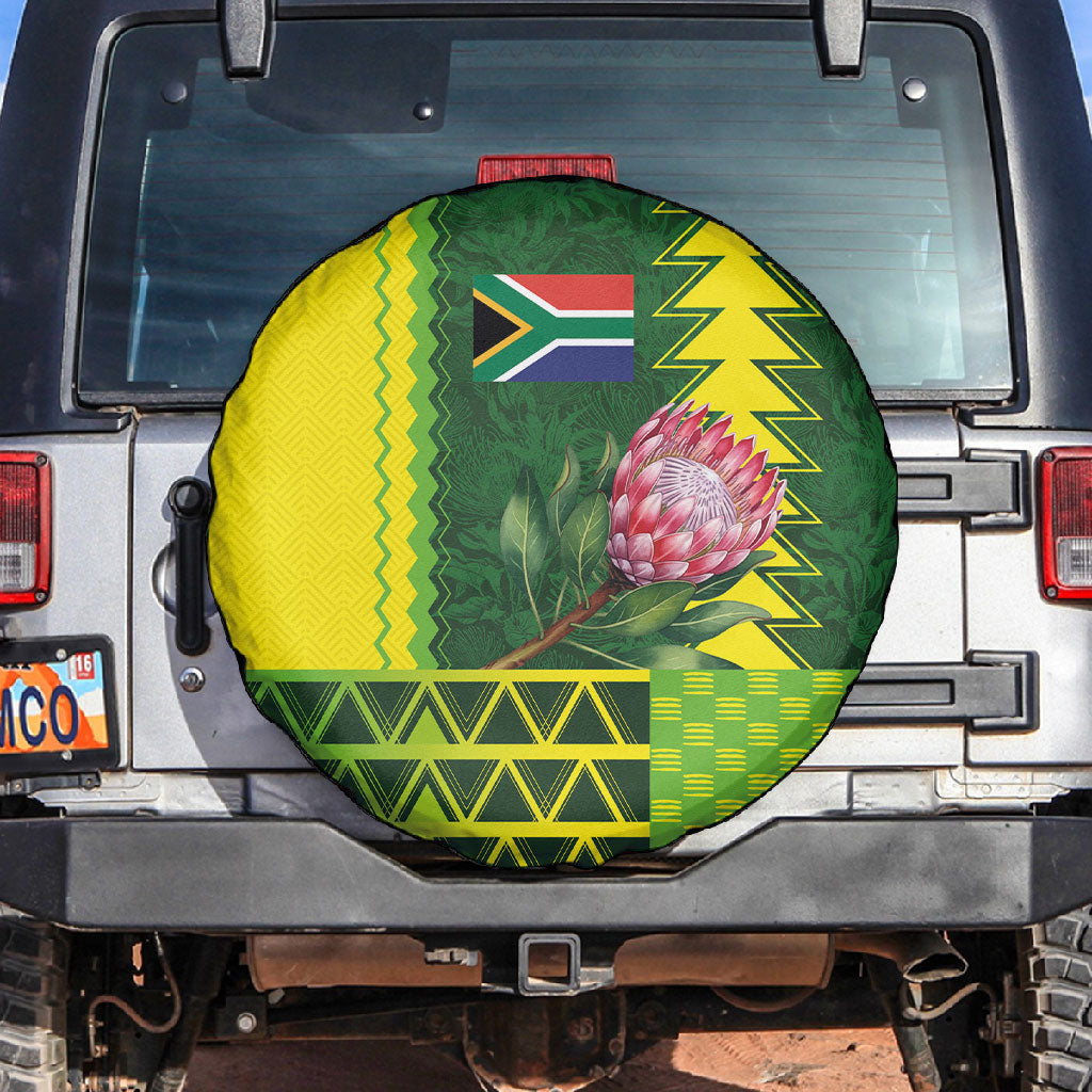 South Africa National Football Spare Tire Cover King Protea with African Tribal Geometric Pattern Culture Art