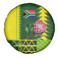 South Africa National Football Spare Tire Cover King Protea with African Tribal Geometric Pattern Culture Art