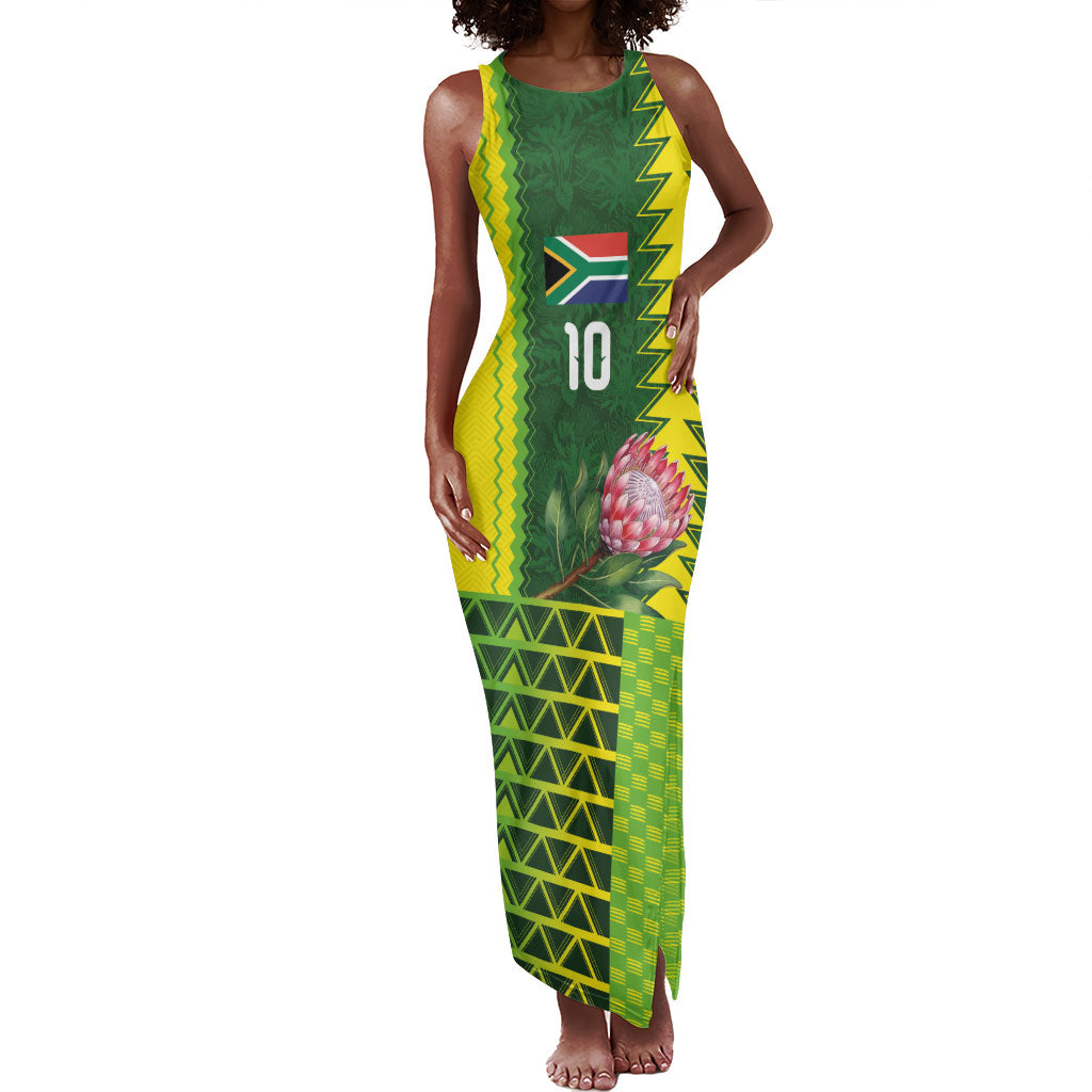 Custom South Africa National Football Tank Maxi Dress King Protea with African Tribal Geometric Pattern Culture Art