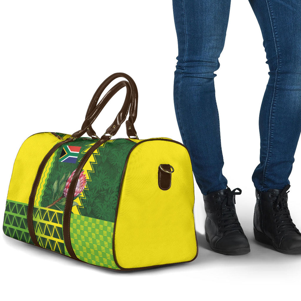 South Africa National Football Travel Bag King Protea with African Tribal Geometric Pattern Culture Art