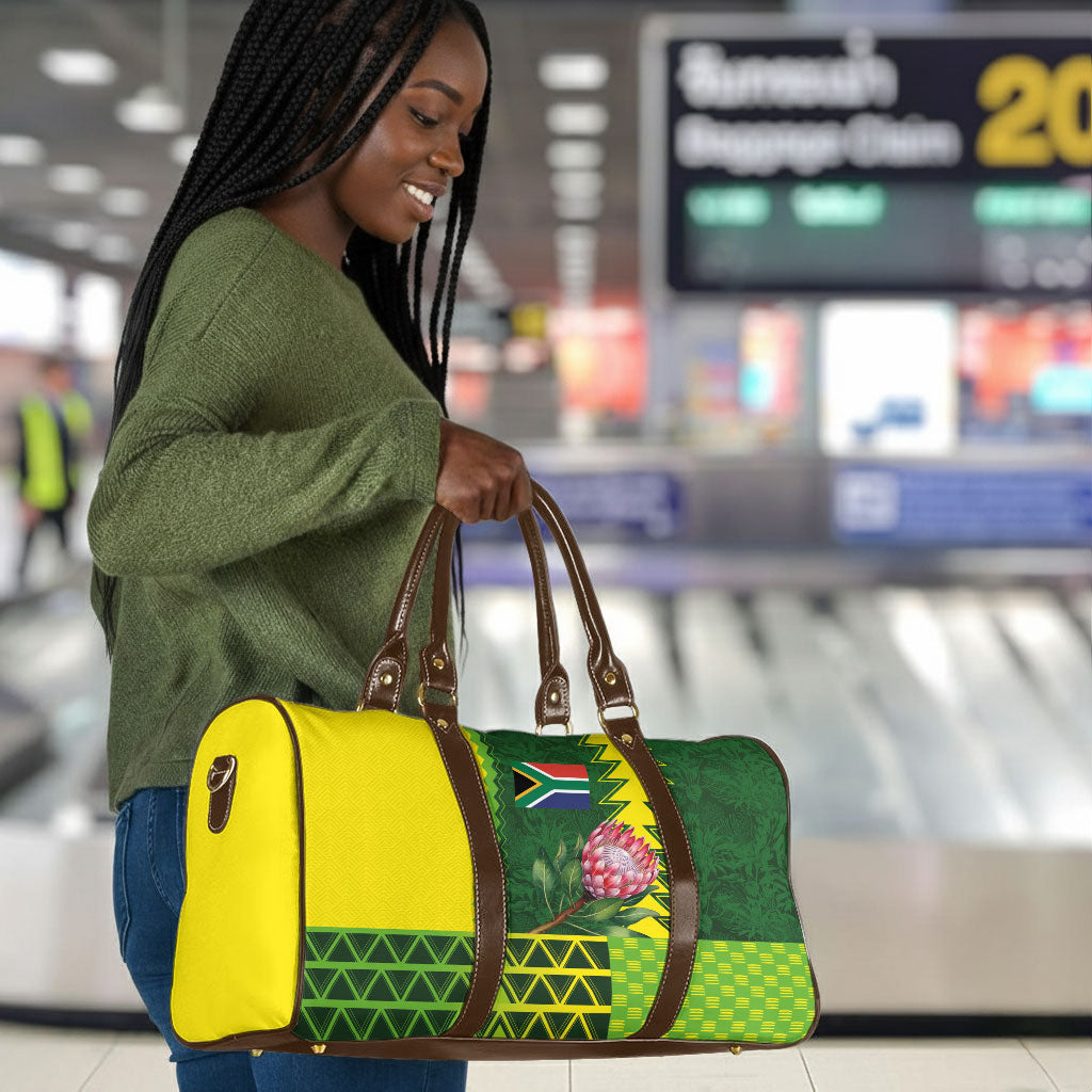 South Africa National Football Travel Bag King Protea with African Tribal Geometric Pattern Culture Art