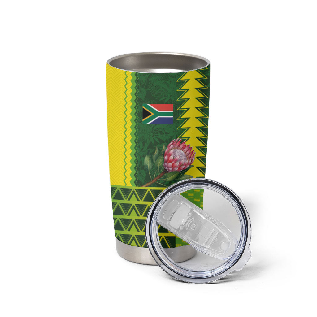 Custom South Africa National Football Tumbler Cup King Protea with African Tribal Geometric Pattern Culture Art
