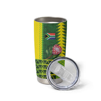 Custom South Africa National Football Tumbler Cup King Protea with African Tribal Geometric Pattern Culture Art