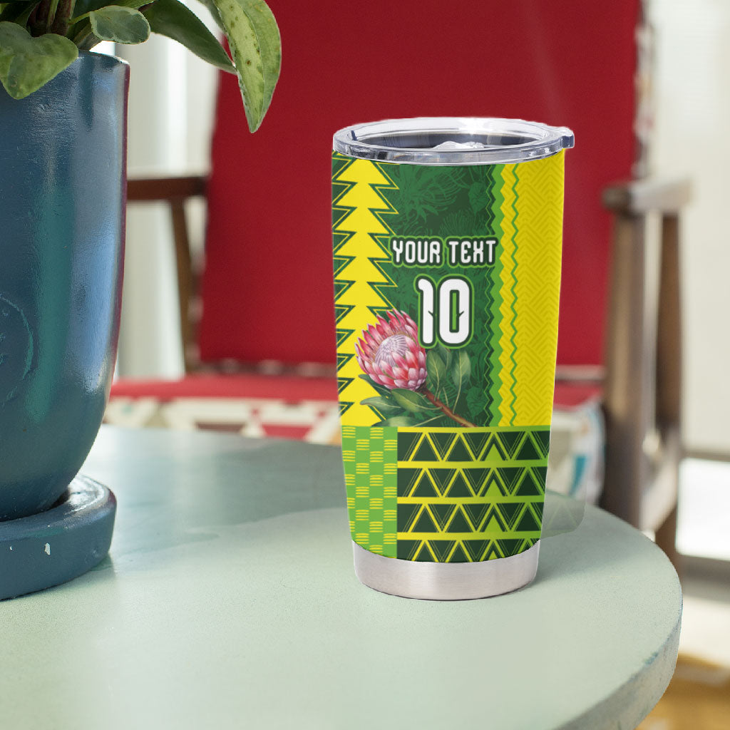 Custom South Africa National Football Tumbler Cup King Protea with African Tribal Geometric Pattern Culture Art