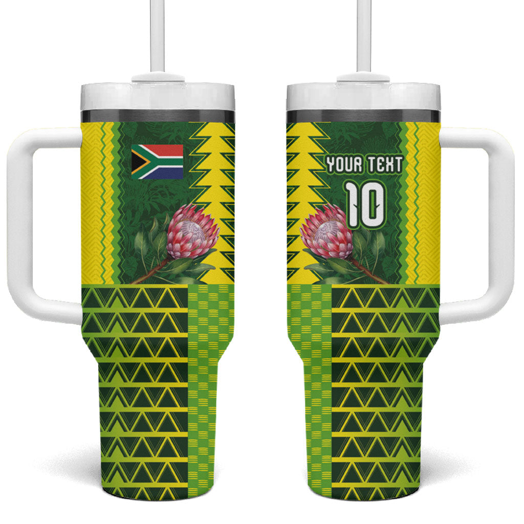 Custom South Africa National Football Tumbler With Handle King Protea with African Tribal Geometric Pattern Culture Art