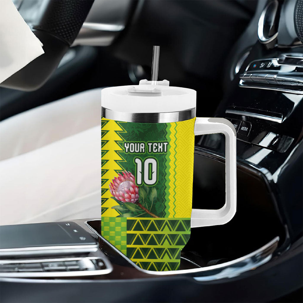 Custom South Africa National Football Tumbler With Handle King Protea with African Tribal Geometric Pattern Culture Art