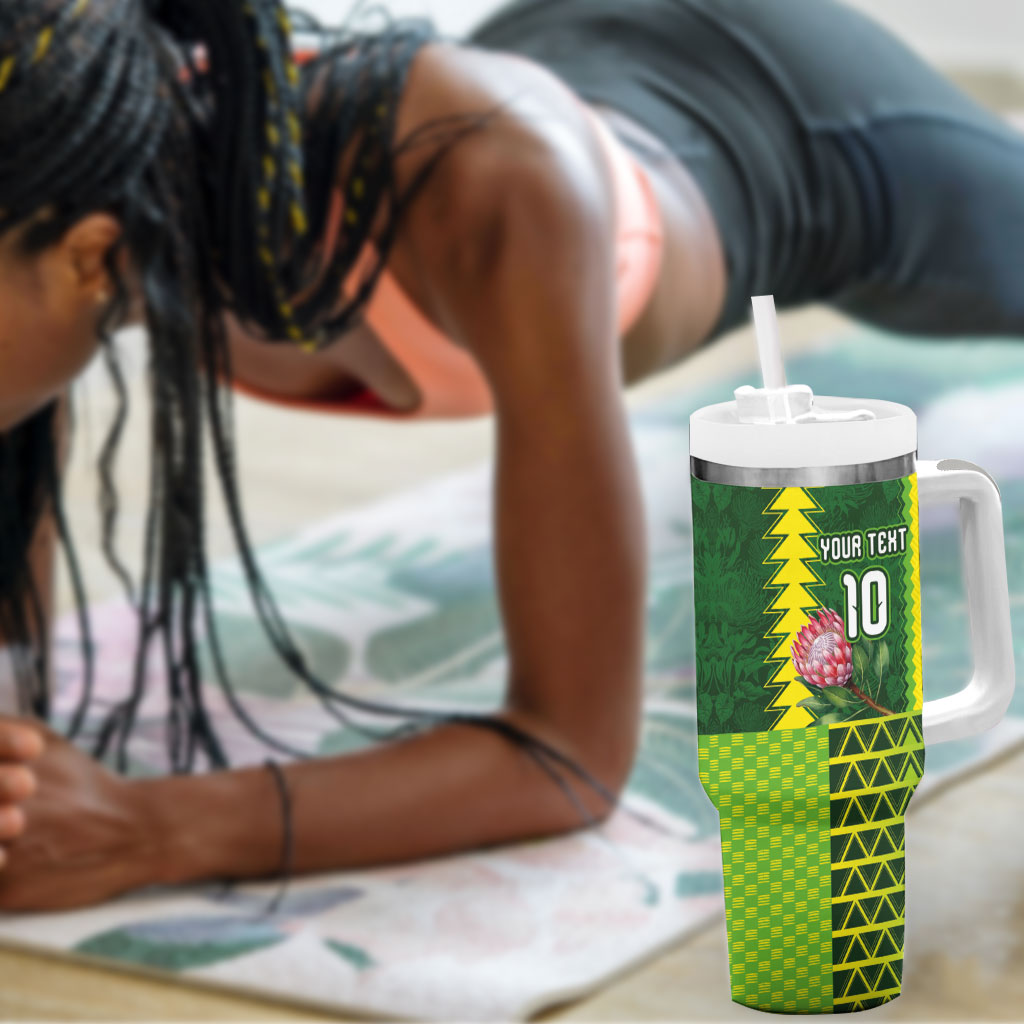 Custom South Africa National Football Tumbler With Handle King Protea with African Tribal Geometric Pattern Culture Art