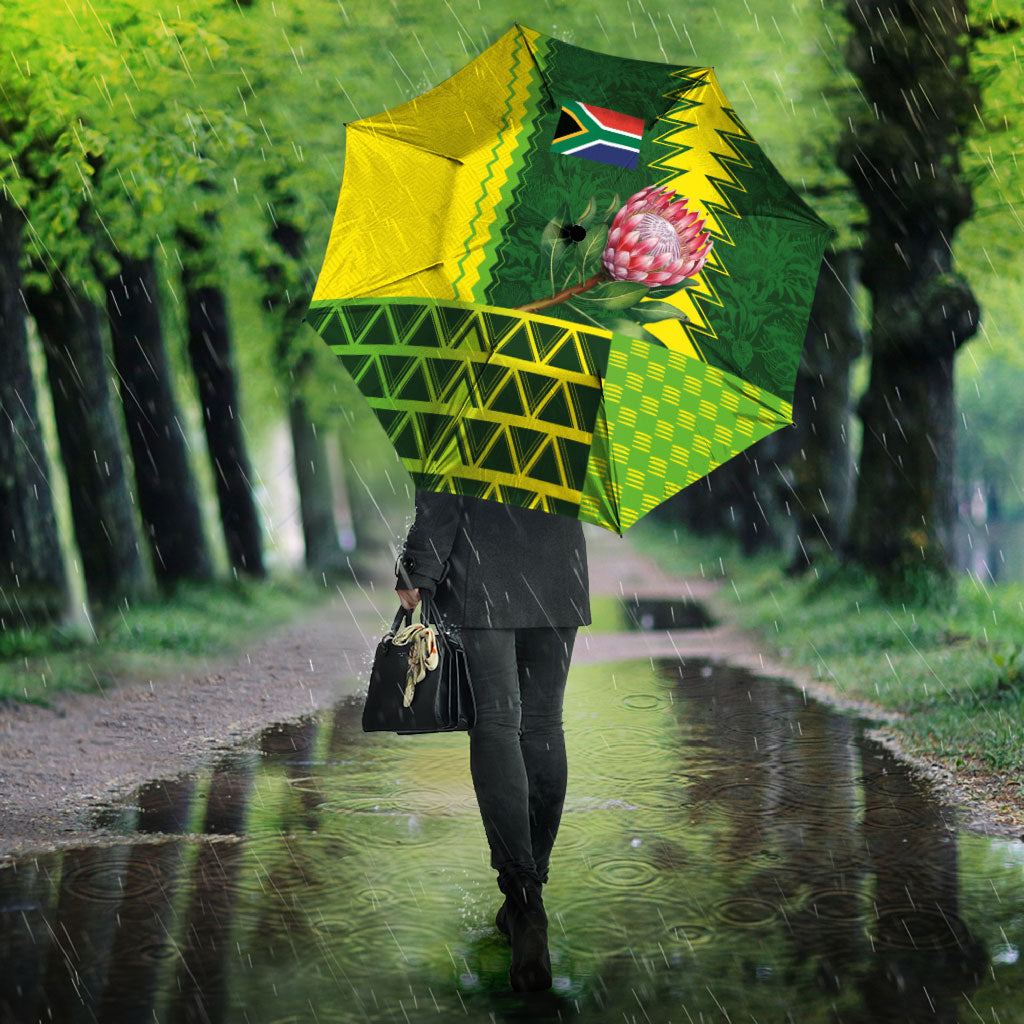South Africa National Football Umbrella King Protea with African Tribal Geometric Pattern Culture Art