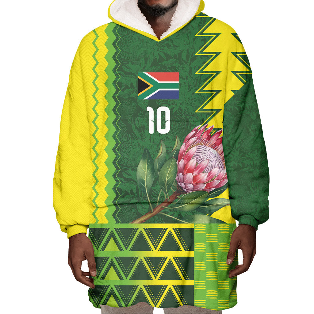 Custom South Africa National Football Wearable Blanket Hoodie King Protea with African Tribal Geometric Pattern Culture Art
