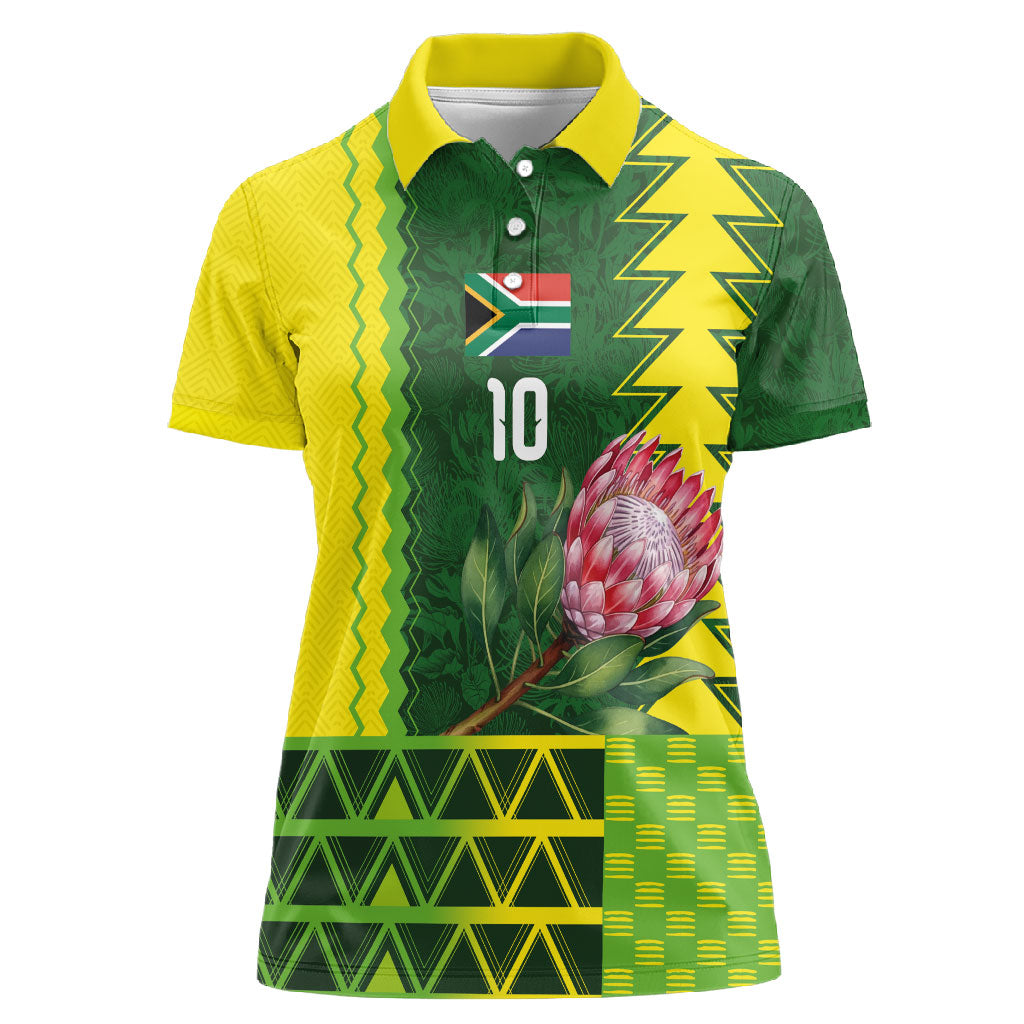 Custom South Africa National Football Women Polo Shirt King Protea with African Tribal Geometric Pattern Culture Art