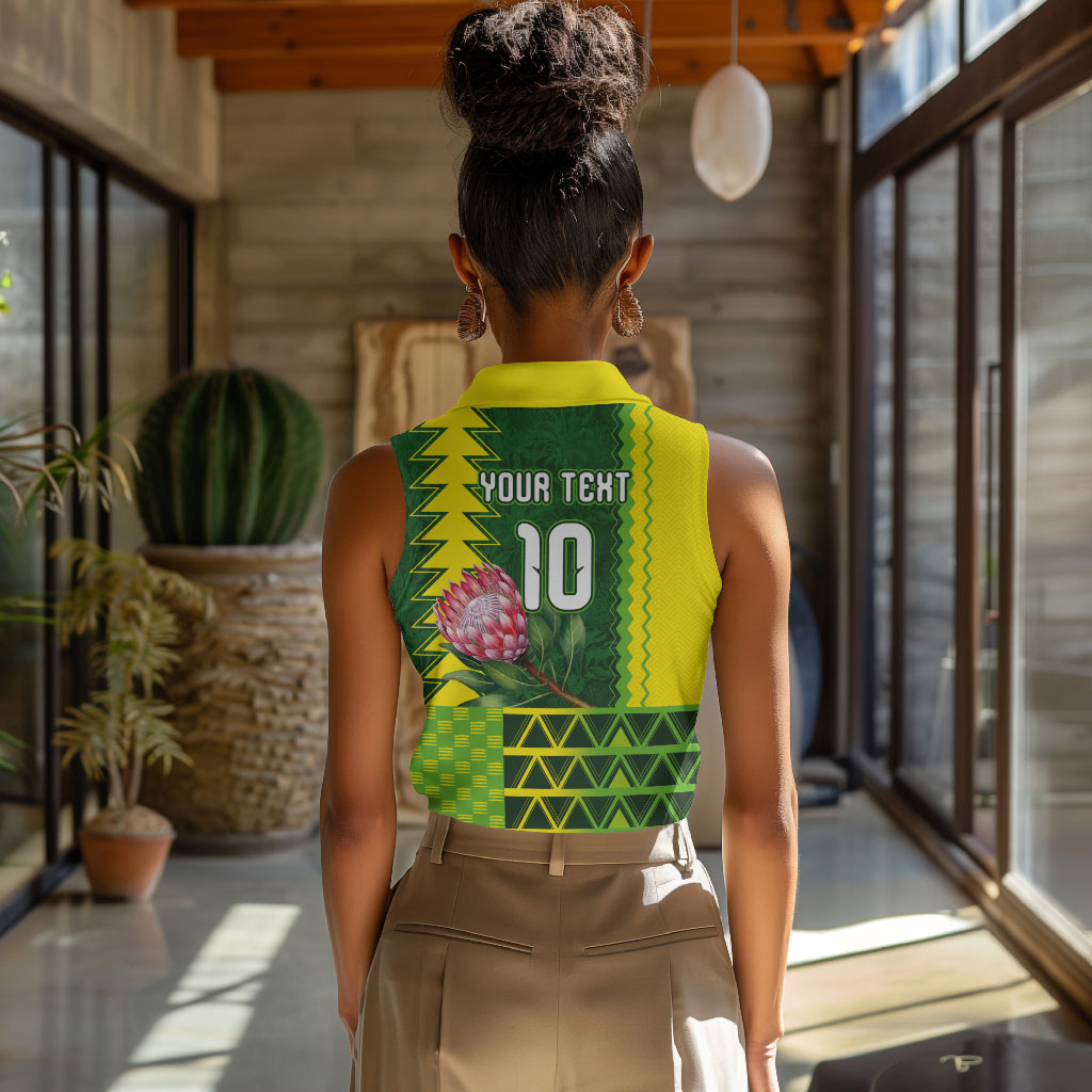 Custom South Africa National Football Women Sleeveless Polo Shirt King Protea with African Tribal Geometric Pattern Culture Art