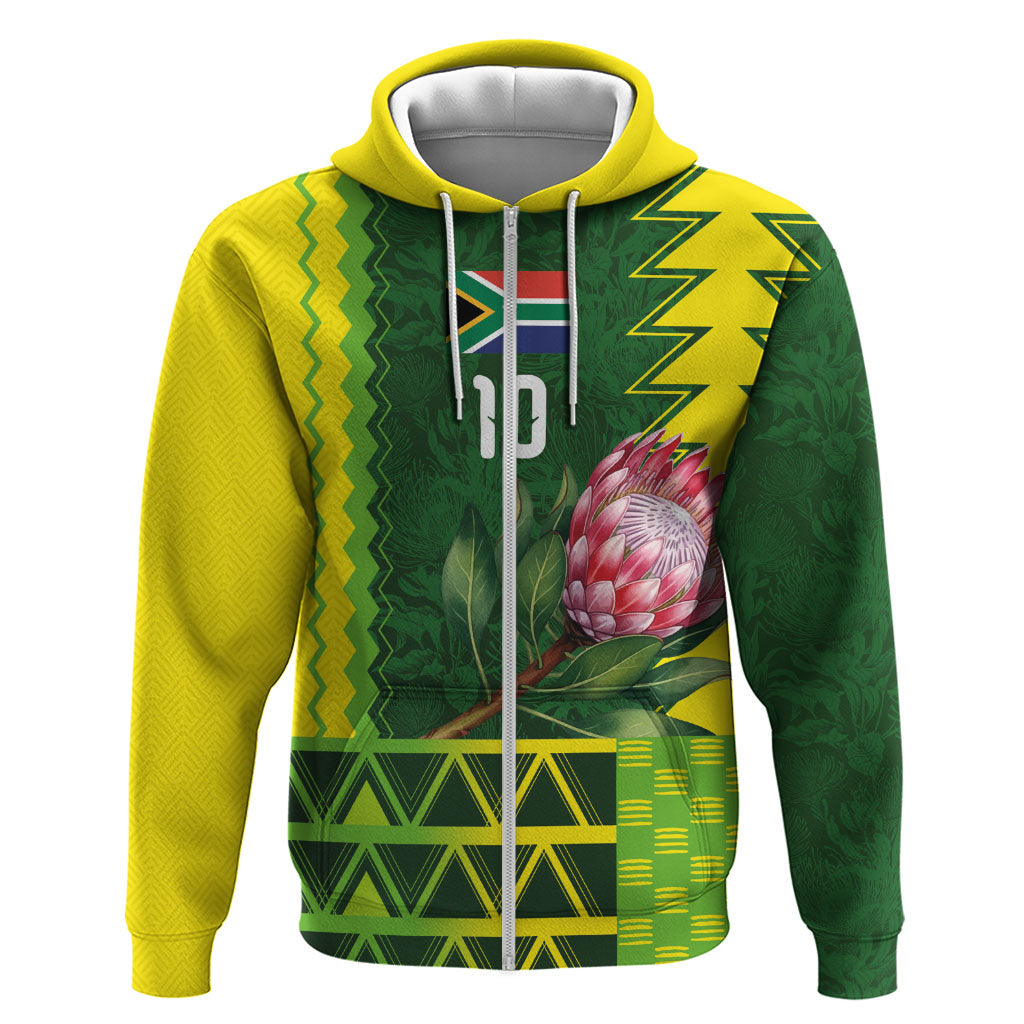 Custom South Africa National Football Zip Hoodie King Protea with African Tribal Geometric Pattern Culture Art