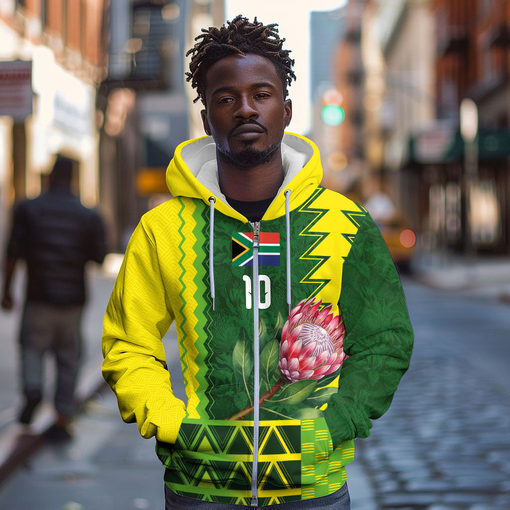 Custom South Africa National Football Zip Hoodie King Protea with African Tribal Geometric Pattern Culture Art
