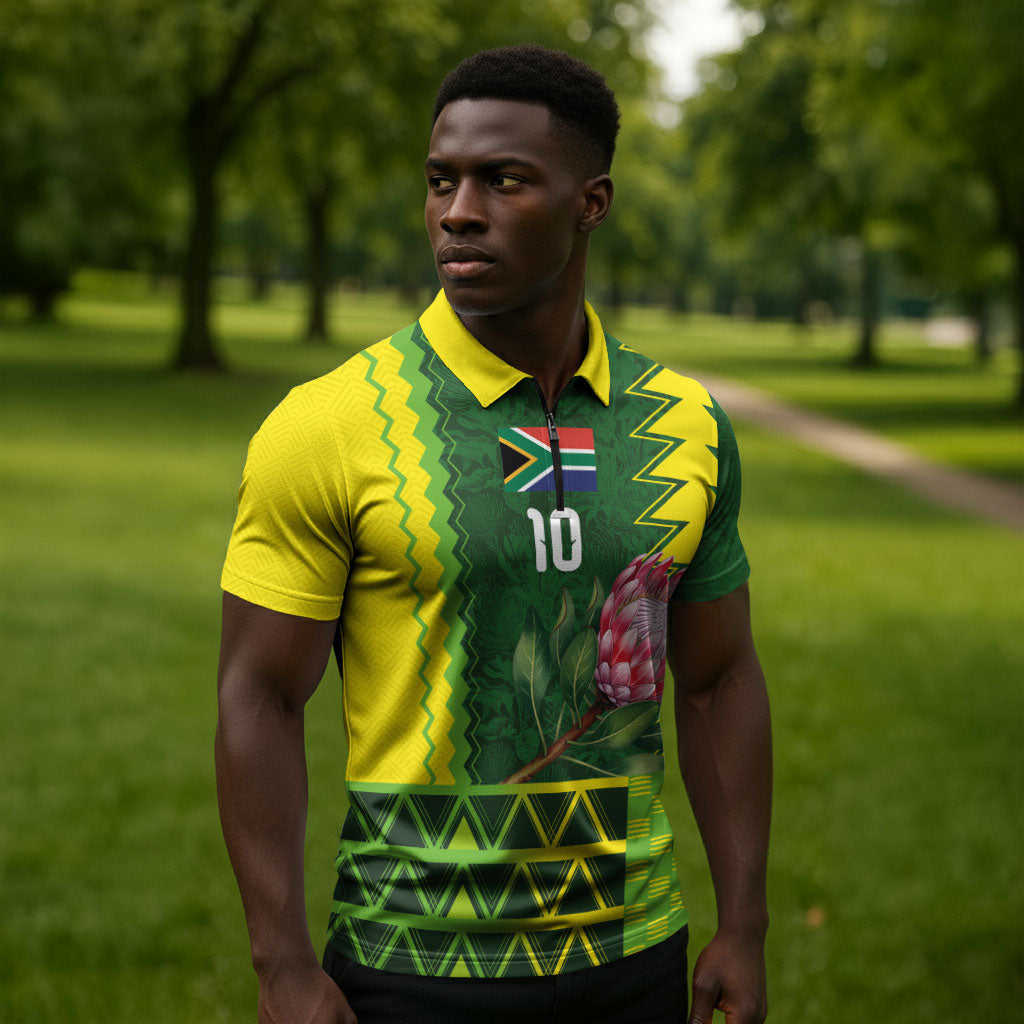 Custom South Africa National Football Zipper Polo Shirt King Protea with African Tribal Geometric Pattern Culture Art