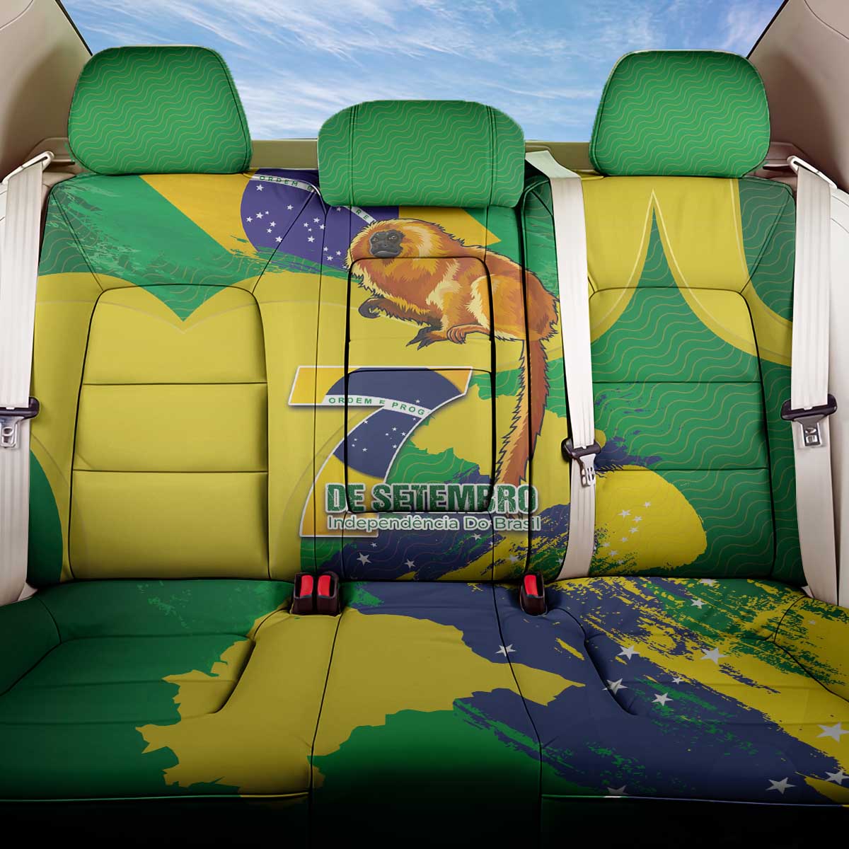 Brazil Independence Day Back Car Seat Cover Sete de Setembro and Golden Lion Tamarin - Wonder Print Shop