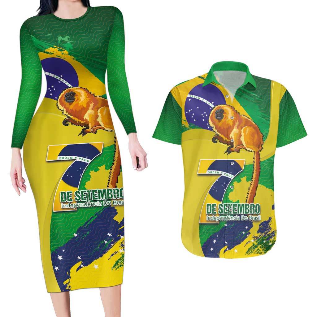 Brazil Independence Day Couples Matching Long Sleeve Bodycon Dress and Hawaiian Shirt Sete de Setembro and Golden Lion Tamarin - Wonder Print Shop