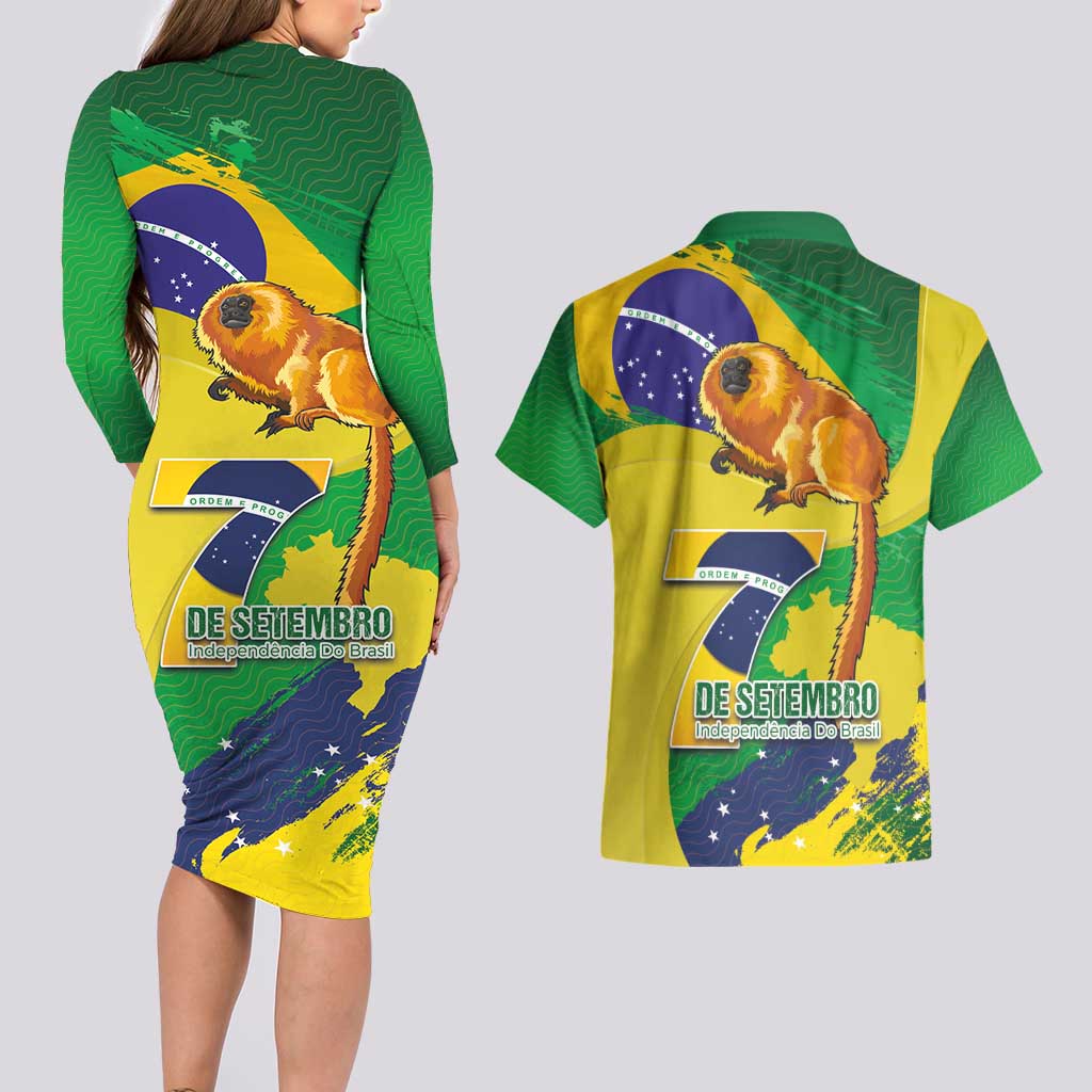 Brazil Independence Day Couples Matching Long Sleeve Bodycon Dress and Hawaiian Shirt Sete de Setembro and Golden Lion Tamarin - Wonder Print Shop